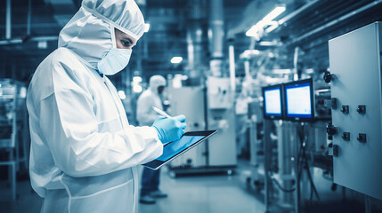 Professional technologist in safety suit and mask using tablet in production plant checking productivity and quality. Mask for safety at work.