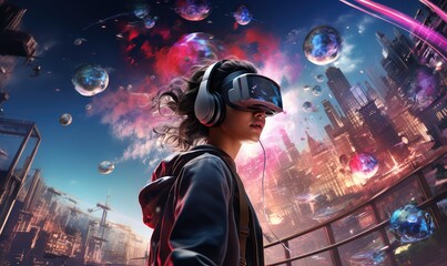 virtual reality (VR), and a cyberpunk-style video game console. Infuse the image with an emotional tone that evokes excitement wonder
