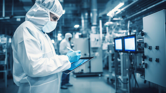 Professional technologist in safety suit and mask using tablet in production plant checking productivity and quality. Mask for safety at work.