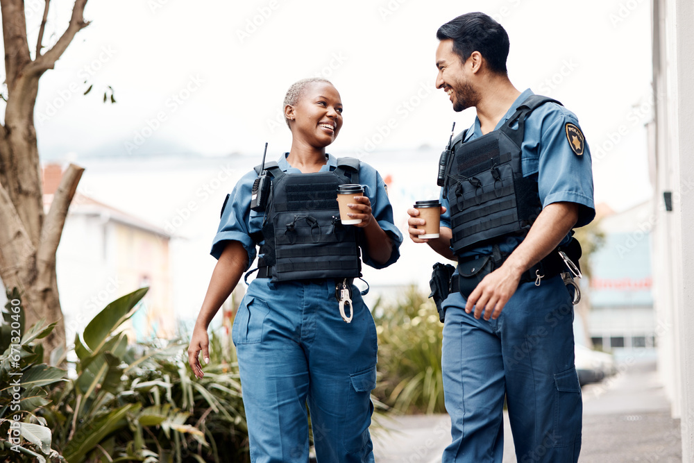 Sticker Police, conversation and team on a coffee break after investigation, walking and patrol for law protection in city. Criminal, happy and legal service guard or security smile for justice enforcement