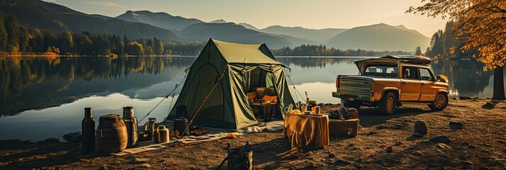 a beautifully arranged campsite, complete with top-notch camping essentials, generative AI - obrazy, fototapety, plakaty
