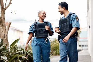 Police, conversation and team on a coffee break after investigation, walking and patrol for law protection in city. Criminal, happy and legal service guard or security smile for justice enforcement - obrazy, fototapety, plakaty