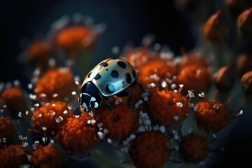 ladybug on a flower in the garden in the evening. Generative AI.