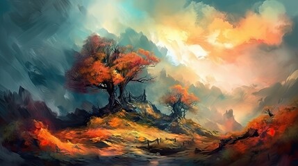 Autumn landscape with lonely tree in the forest style Digital painting