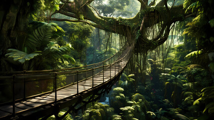 a treetop canopy walkway in a lush rainforest - obrazy, fototapety, plakaty