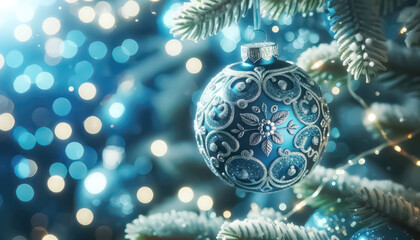 Blue Christmas ball on a branch of a Christmas tree with bokeh background. Ai generative.