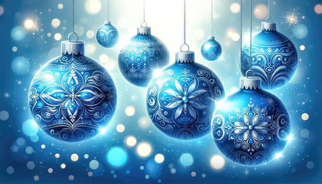 Christmas background with blue balls and snowflakes. Ai generative.