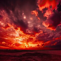 Fototapeta premium Beautiful sunset on the beach red sky with clouds