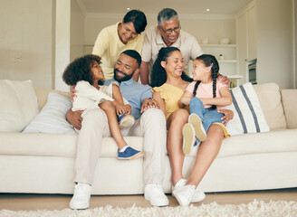 Grandparents, mother and father with children, home and quality time with happiness, couch and...