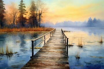 Fototapeta na wymiar Beautifully Painted Watercolor Design of a Calm Lake Stroll