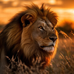 Fierce lion mane against the golden savannah sunset.
