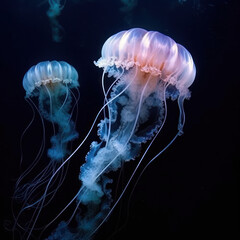  Translucent jellyfish tendrils against a deep ocean  

