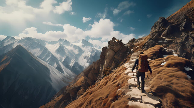 explorer walking on a narrow ridge high in the mountains