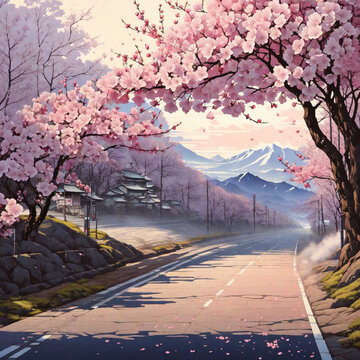Cherry blossoms blooming on the side of the road in Japanese painting style. Lonely without people.