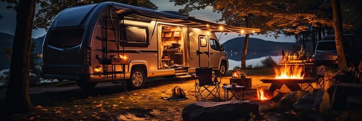 a recreational vehicle parked in a picturesque campsite, generative AI