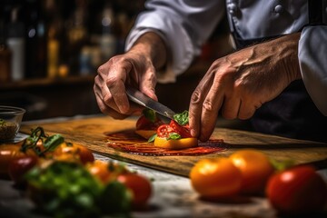 Chef slicing tomato on a wooden board in a restaurant kitchen