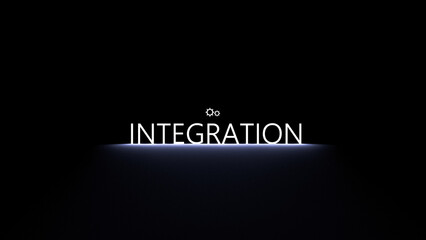 INTEGRATION text, abbreviation neon glowing on a dark background. Integration concept, banner. 3D render - obrazy, fototapety, plakaty