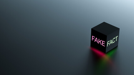 FAKE and FACT word on cube with copy space. Fact, Fake glowing inscription, banner. 3D render - obrazy, fototapety, plakaty