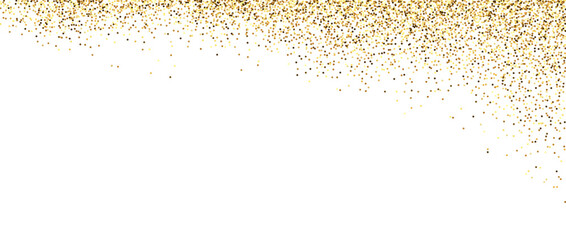 Golden glitter frame background. Sparkling small confetti corner wallpaper. Falling or splashed gold dots texture. Vector border and divider element for posters. Christmas, birthday decoration. Vector - obrazy, fototapety, plakaty