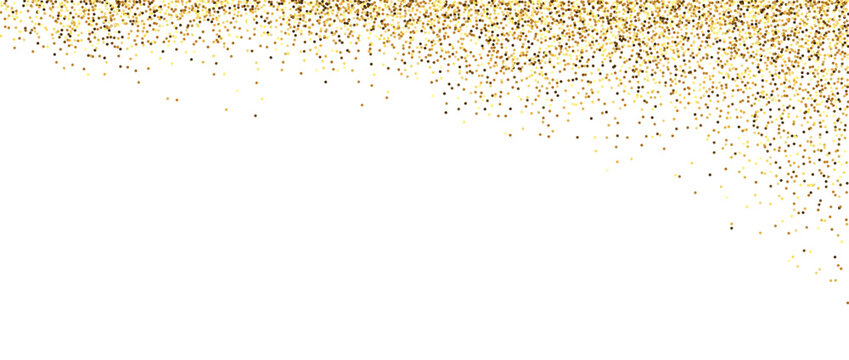 Golden glitter frame background. Sparkling small confetti corner wallpaper. Falling or splashed gold dots texture. Vector border and divider element for posters. Christmas, birthday decoration. Vector