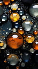 AI-generated close-up illustration of marbles or colorful drops of liquid. MidJourney.