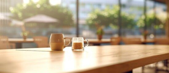 Coffee cup on the wooden table in coffee shop - obrazy, fototapety, plakaty