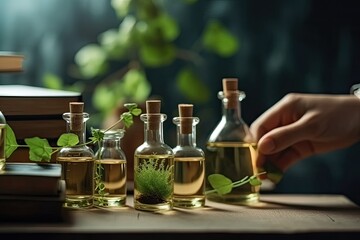 close up view of woman holding bottle with essential oil