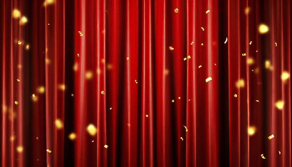 A stage with a red curtain with falling confetti. Drape curtain material. Confetti.