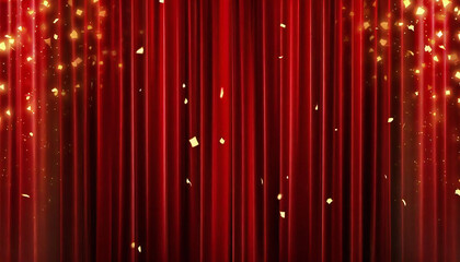 Naklejka premium A stage with a red curtain with falling confetti. Drape curtain material. Confetti.