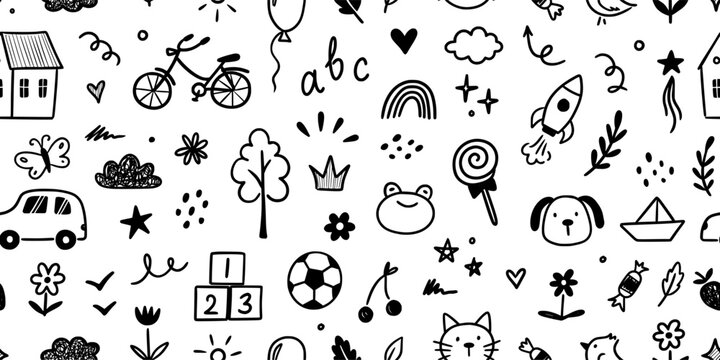 Kindergarten doodle vector background. Hand drawn doodle style children cute seamless pattern, preschool wallpaper. Kids education simple background with toy, car, house elements. Vector illustration