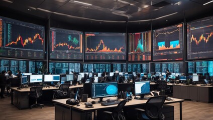 a modern office environment with multiple computer monitors displaying financial data and graphs, arranged on desks with various office equipment - obrazy, fototapety, plakaty