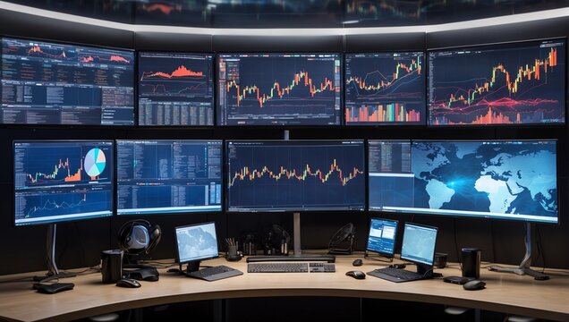 a trading desk equipped with multiple monitors that are displaying a variety of financial data and charts, presumably related to stocks and market trends.