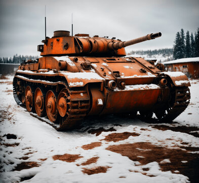 Old, rusty and abandoned military tank in the snow.