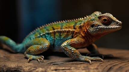 Fototapeta premium Close-up of a colorful chameleon on a wooden background. 