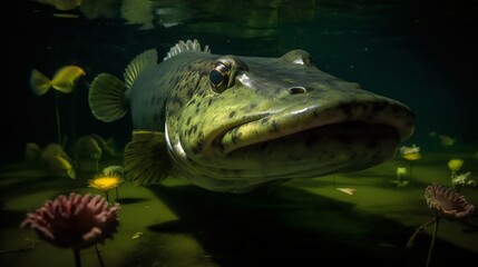 Pike swimming in the water. Big catfish in the aquarium. 