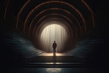 Conceptual image of businessman standing in front of a tunnel