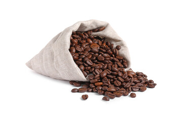 Overturned bag with roasted coffee beans isolated on white - obrazy, fototapety, plakaty