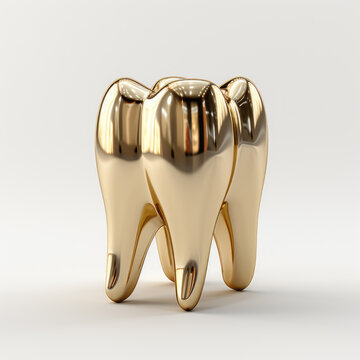 Image for advertising, Single golden tooth, white, solid background, matte texture, reduced reflection