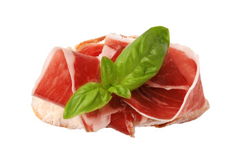 Tasty sandwich with cured ham and basil leaves isolated on white, top view