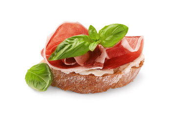Tasty sandwich with cured ham and basil leaves isolated on white