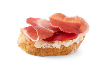 Tasty sandwich with cured ham isolated on white