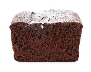 Tasty chocolate sponge cake with powdered sugar isolated on white