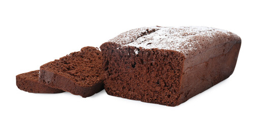 Tasty chocolate sponge cake with powdered sugar on white background
