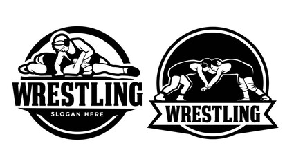 Set wrestling logo design template. Wrestling sport championship badge logo illustration.