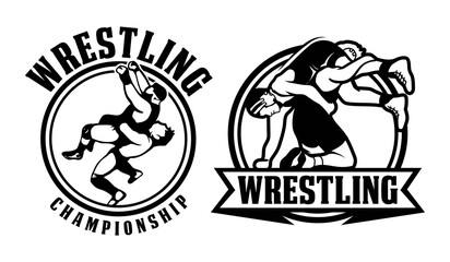 Set wrestling logo design template. Wrestling sport championship badge logo illustration. - obrazy, fototapety, plakaty