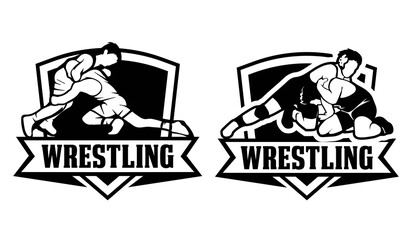 Set wrestling logo design template. Wrestling sport championship badge logo illustration.