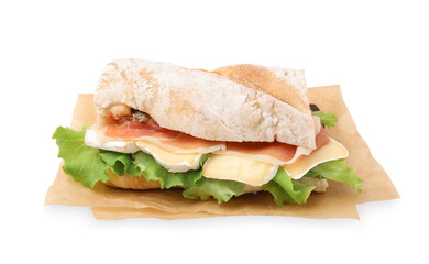 Tasty sandwich with brie cheese and prosciutto isolated on white