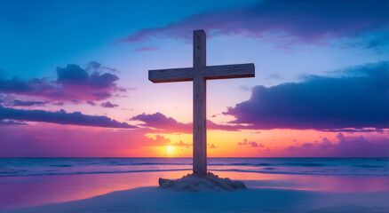 Mysterious cross standing in the middle of a vast white sand beach. The sky is filled with vibrant colors of pink, blue, and purple. - obrazy, fototapety, plakaty