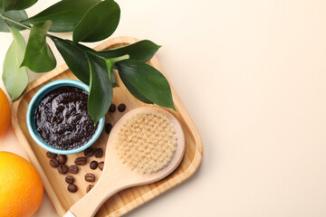 Flat lay composition with natural body scrub and fresh ingredients on beige background, space for text. Anti cellulite treatment