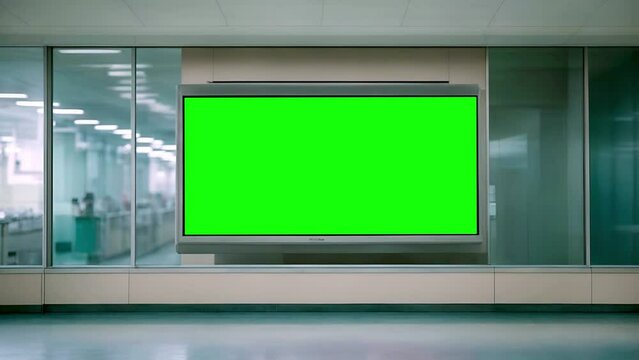 A green screen or chroma key background on a screen installed in an empty hospital or office. 4K animation of slow zoom to the replaceable green screen.